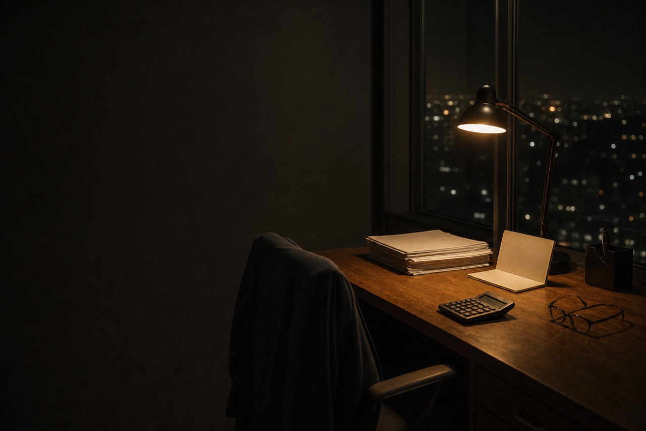 夜の会計事務所。デスクに試算表と電卓、窓の外に街の灯